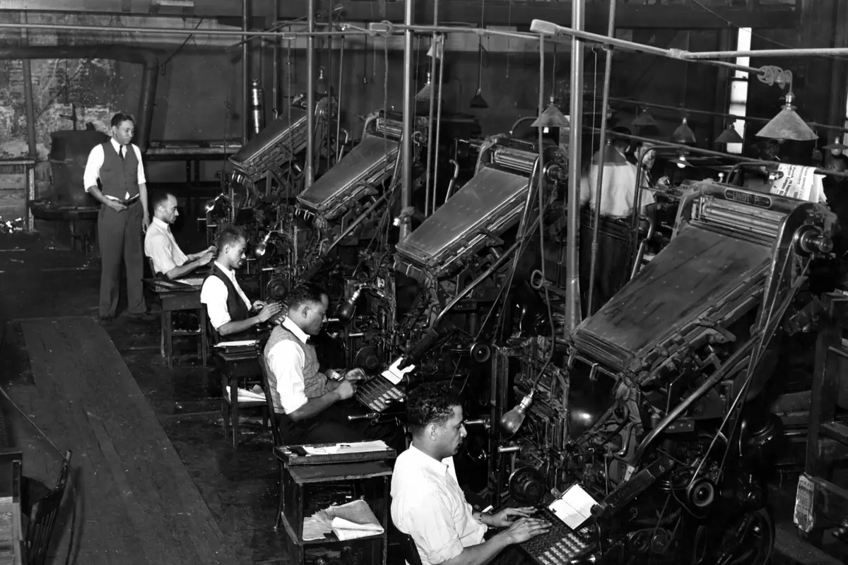 A row of linotype operators at a Chicago newspaper in 1941