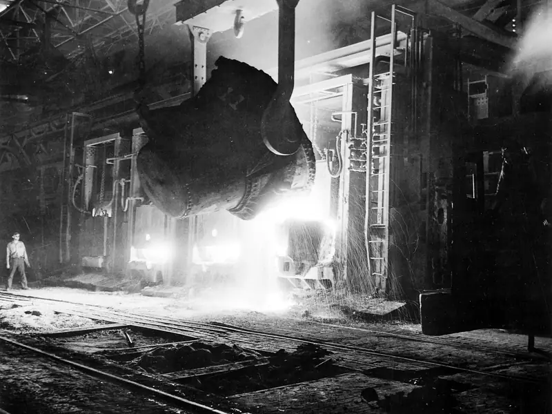Molten steel poured into a mold at a Pittsburgh steel works