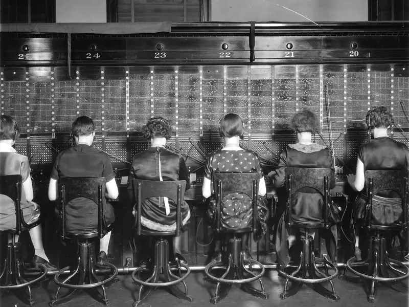 Telephone operators at a switchboard in 1927