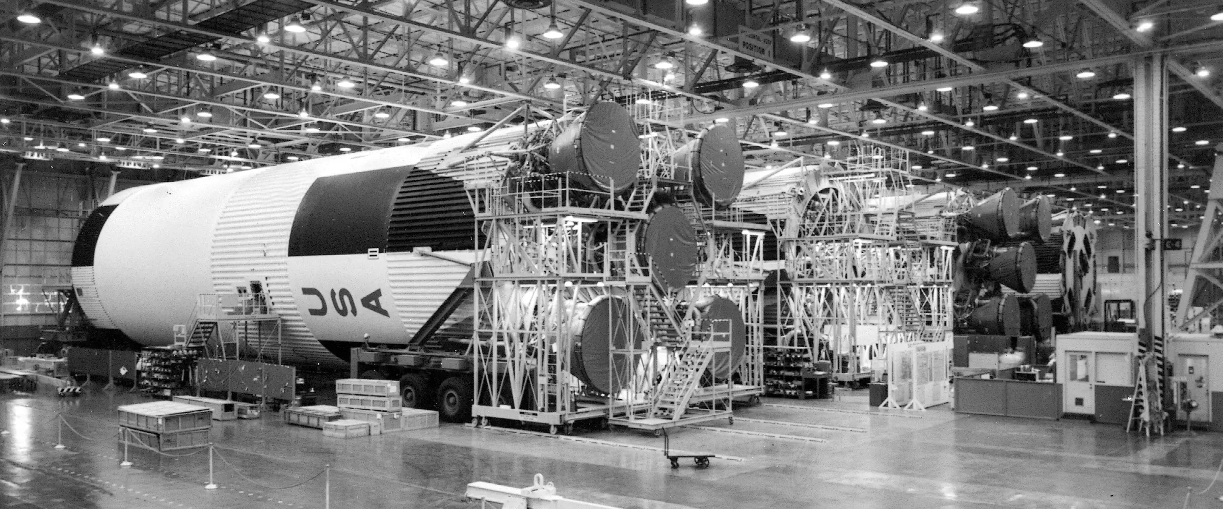 A Saturn V first stage on the factory floor at Michoud, 1968